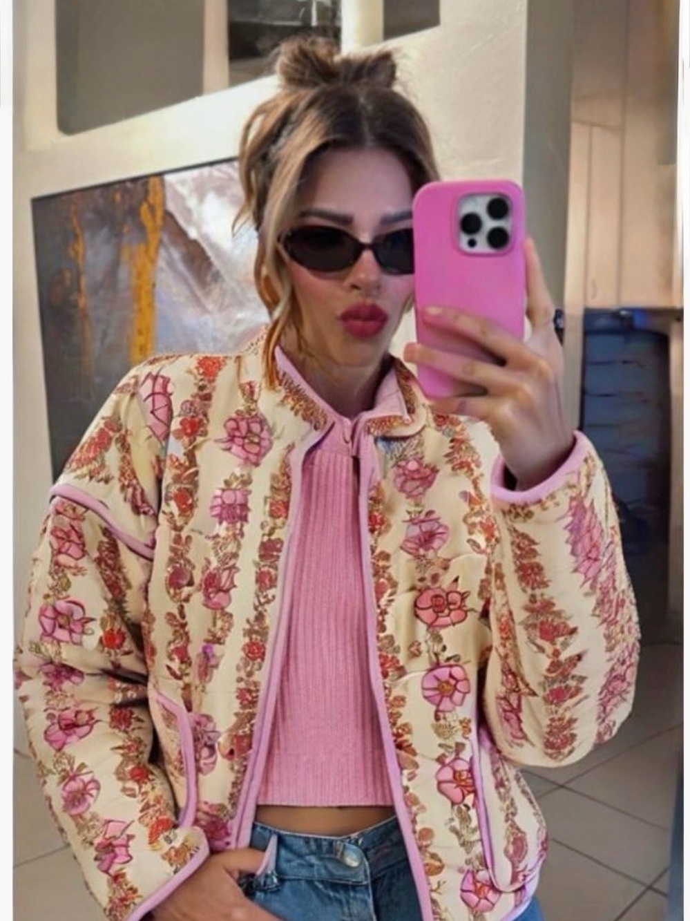 Pink Floral Quilted Jacket - Women Jackets & Coats